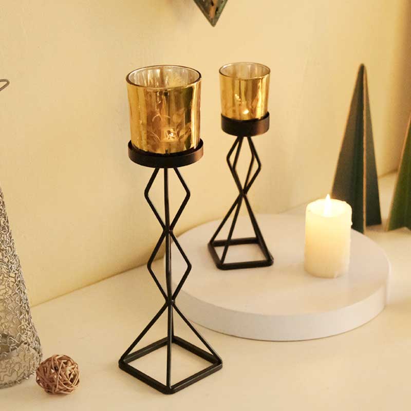 Geometric Rhombus Iron Candlestick Holder,Retro Glass Cup Size:6.7*22.5cm 3