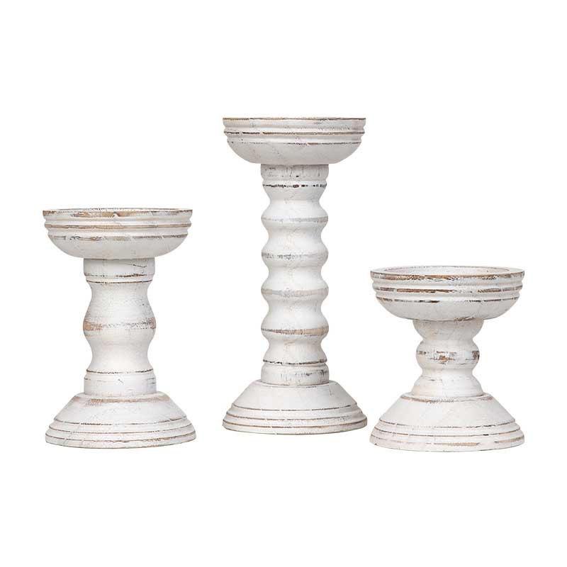 Vintage Wooden Distressed Candlestick Set of 3