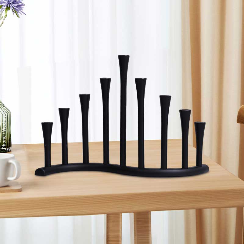 Hanukkah Menorah, Wavy 9-Arm Candelabra, Black Zinc Alloy Color:Black 2