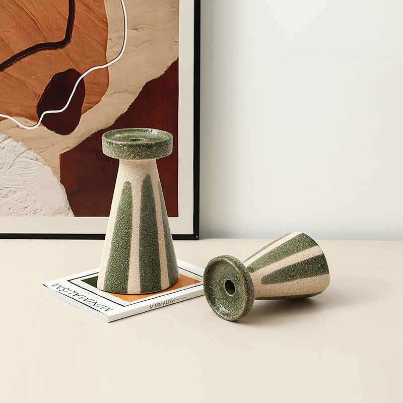 Wabi-Sabi Ceramic Candlestick,Hand-Painted Striped Decor Size: 14*11.5*25cm 1