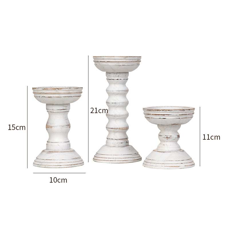 Vintage Wooden Distressed Candlestick Set of 3 White Paulownia Wood