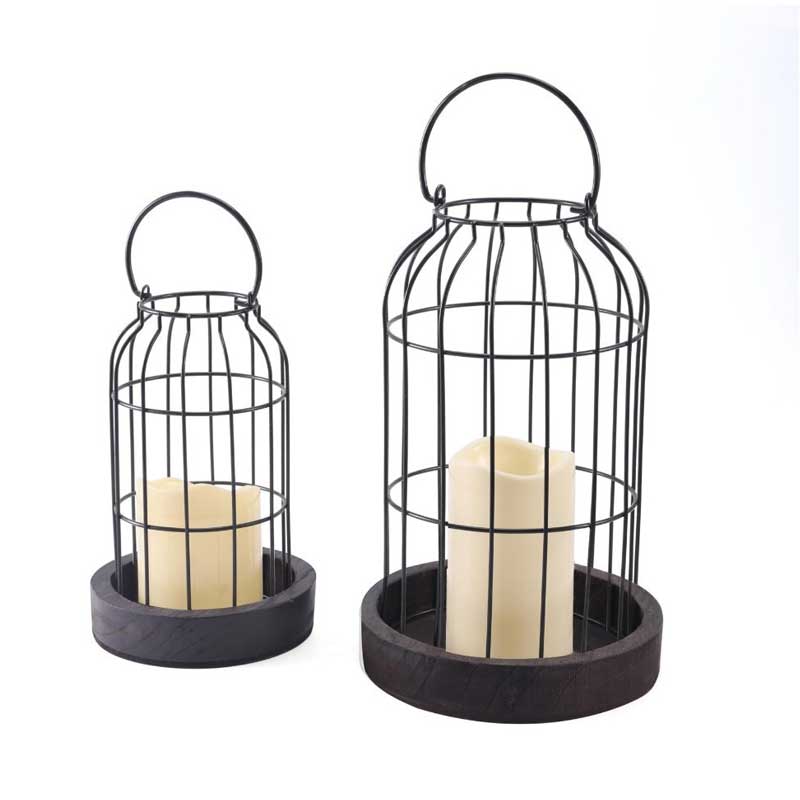 Birdcage Design Wooden Base Metal Candlestick Set of 2 Brown