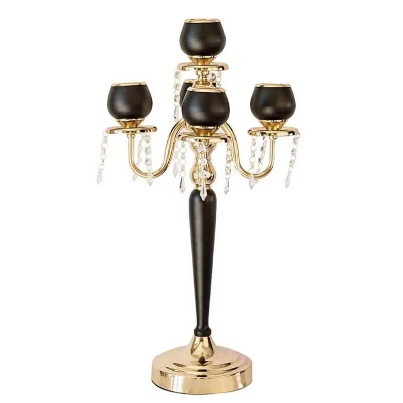 Black and Gold Apple Candle Holder, European 5-Arm Candelabra with Crystal Pendants