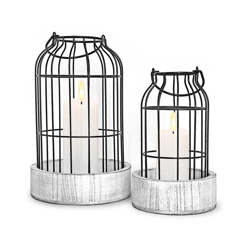 Birdcage Design Wooden Base Metal Candlestick Set of 2