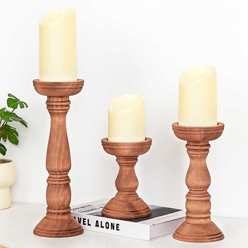 Vintage Wooden Distressed Candlestick Set of 3 Color:White Paulownia Wood 1