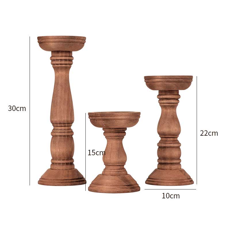 Vintage Wooden Distressed Candlestick Set of 3 Walnut-colored Paulownia Wood
