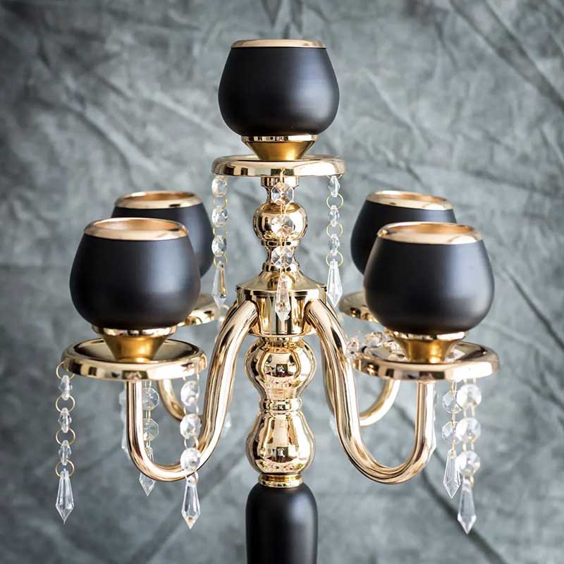 Black and Gold Apple Candle Holder, European 5-Arm Candelabra with Crystal Pendants Color:Default 2