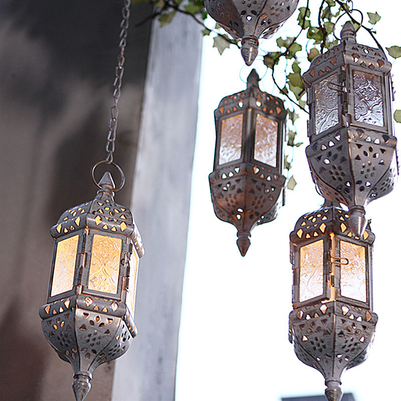 Moroccan Hanging Iron and Embossed Glass Candle Lantern Color:Off-white 2