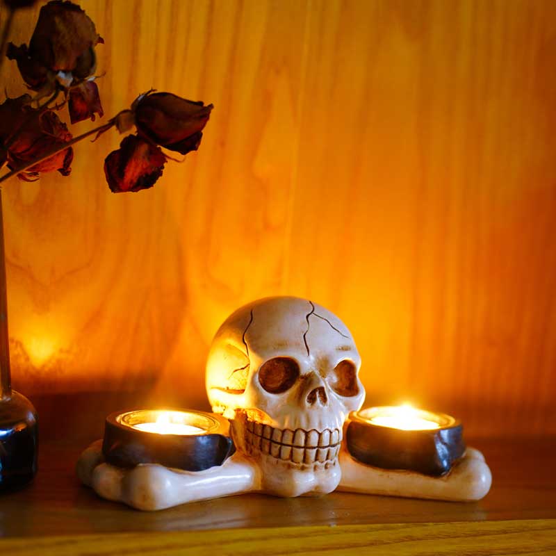 Halloween Vintage Skull and Bone Double Candlestick Holder Color:White 1