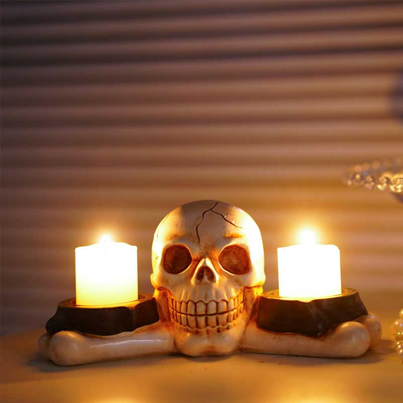 Halloween Vintage Skull and Bone Double Candlestick Holder Color:White 2