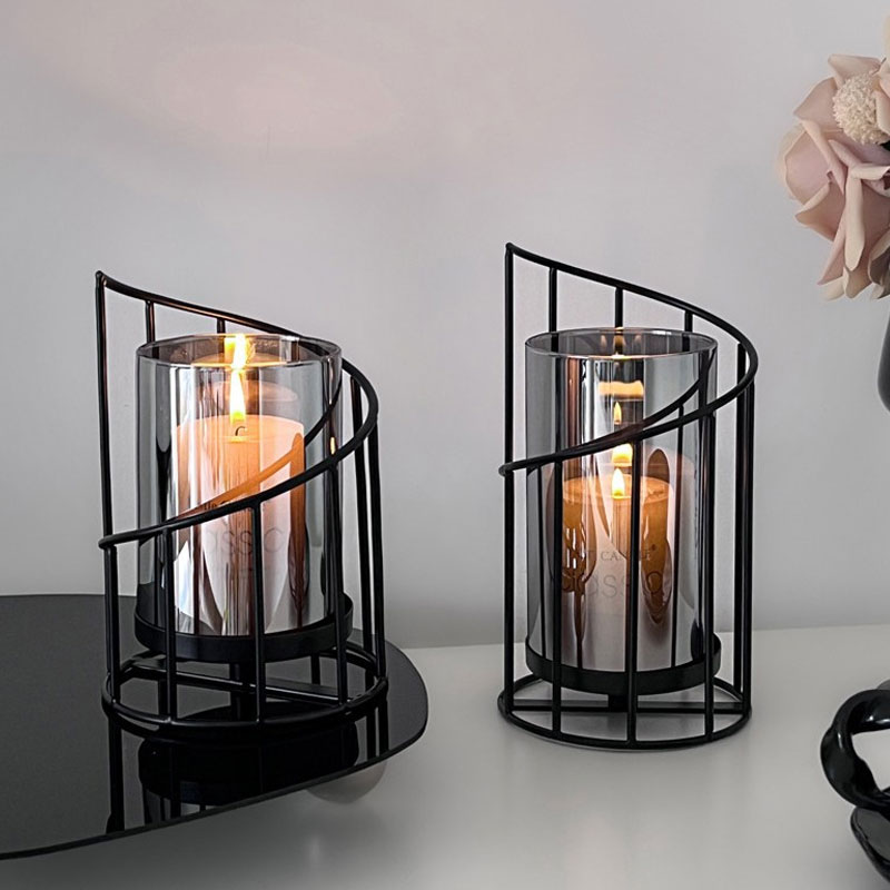Minimalist Spiral Wrought Iron and Glass Candle Holder Color:Black 1