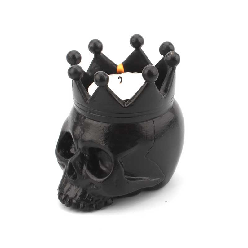 Halloween Resin Skull with Crown Candle Holder Black