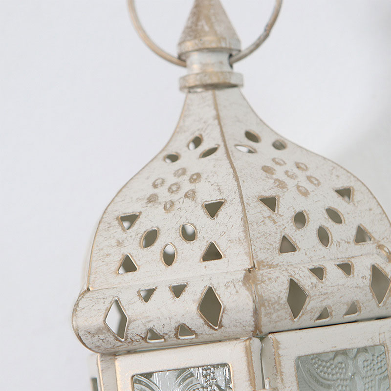 Moroccan Hanging Iron and Embossed Glass Candle Lantern Color:Off-white 1