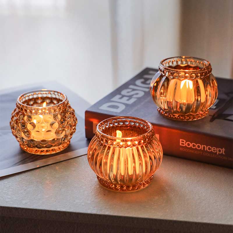Amber/Clear Glass Ribbed / Beaded Tealight Holder Color:Amber 2