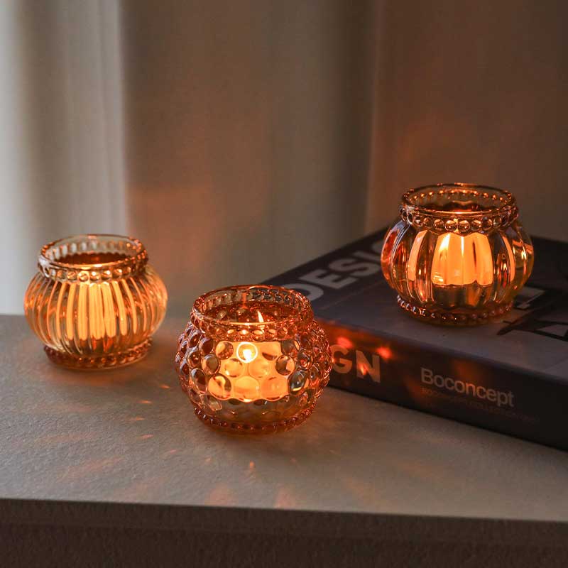 Amber/Clear Glass Ribbed / Beaded Tealight Holder Color:Amber 3