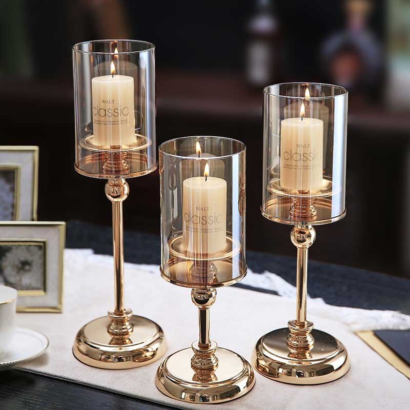 Nordic Amber Glass & Metal Candle Holder Set of 3 Color:Golden 2