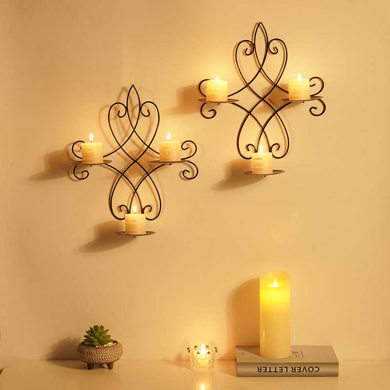 European Retro Wrought Iron Wall-Mounted Candlestick Holder Color:Black 1