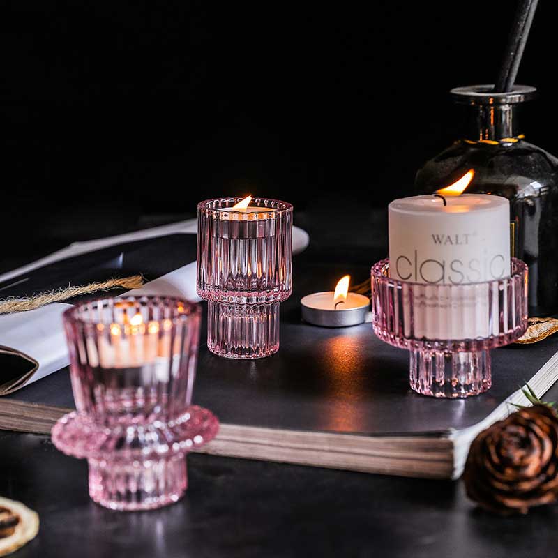 Reversible Pink Fluted glass candle holder Color:Pink 2