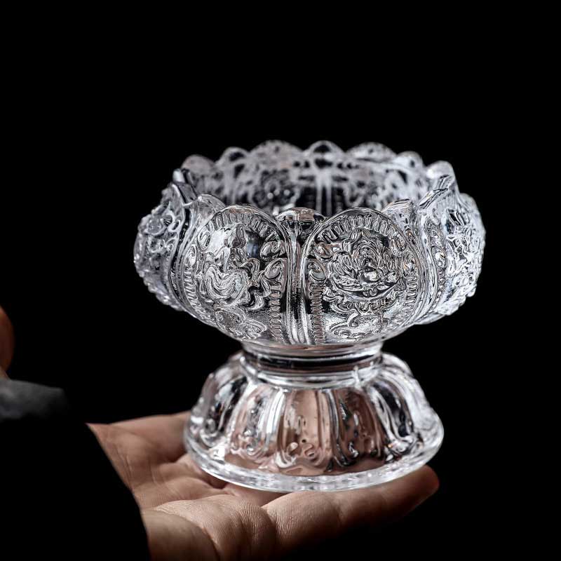 Squat Embossed Lotus Candle Holder, Clear Glass Color:Default 2