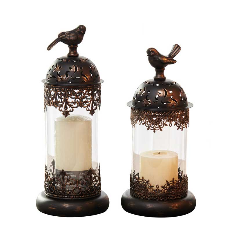 European Retro Iron Birdcage Candlestick , Hollow Glass Candle Holder