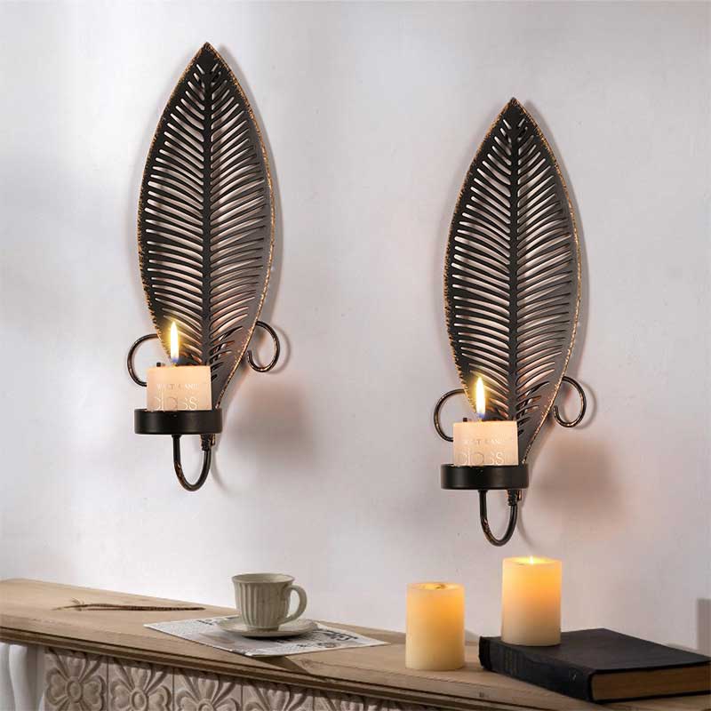 Black Retro Iron Leaf Wall Sconce Candlestick Color:Black 2