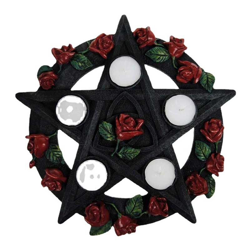 Gothic Pentagram Candlestick with Rune Carvings & Vine Detail