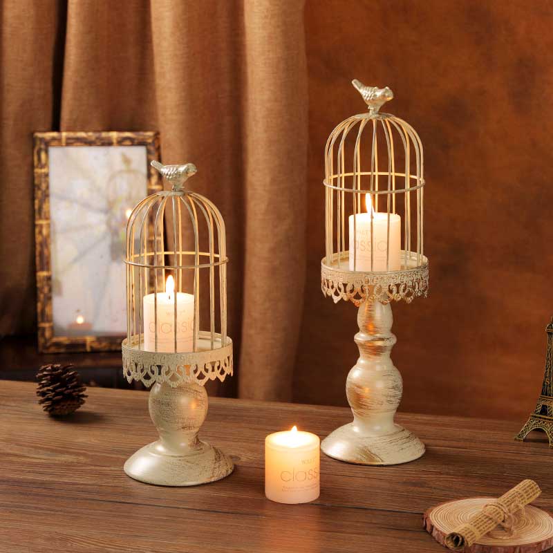 Vintage Detachable Baluster-shaped Base Birdcage Iron Candle Holder， Perched Bird Color:Golden;Size:10.5*10.5*29.5cm 1