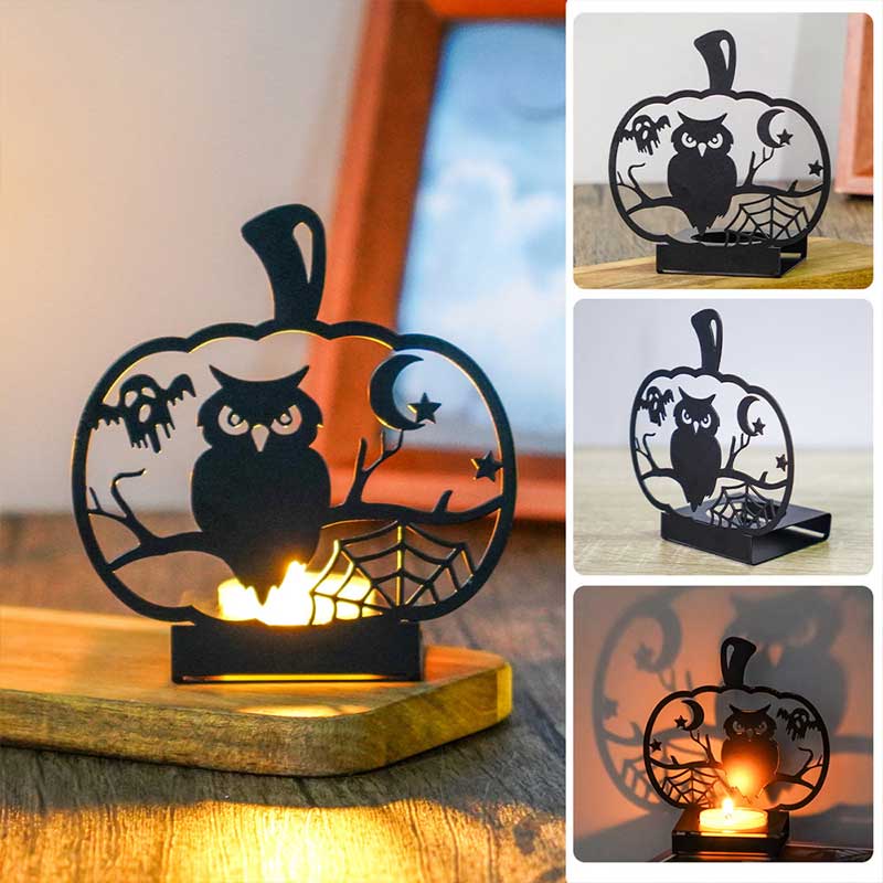 Halloween Pumpkin Silhouette Iron Candle Holder,Ghost/Owl/Cat/Spider Color:Black 1