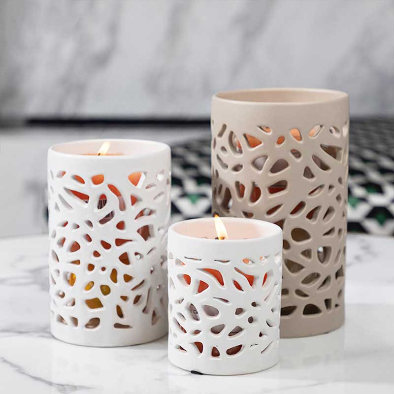 Minimalist Hollow Ceramic Candle Holder Color:Grey;Size:8.5*8.5*10.5cm 1
