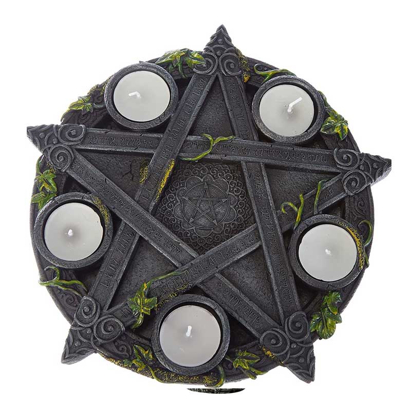 Gothic Pentagram Candlestick with Rune Carvings & Vine Detail Green Vine
