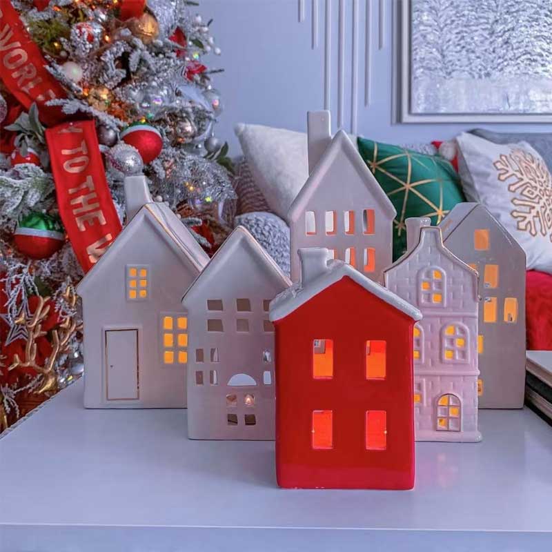 Christmas Village Ceramic Candle Holder House Color:White 2