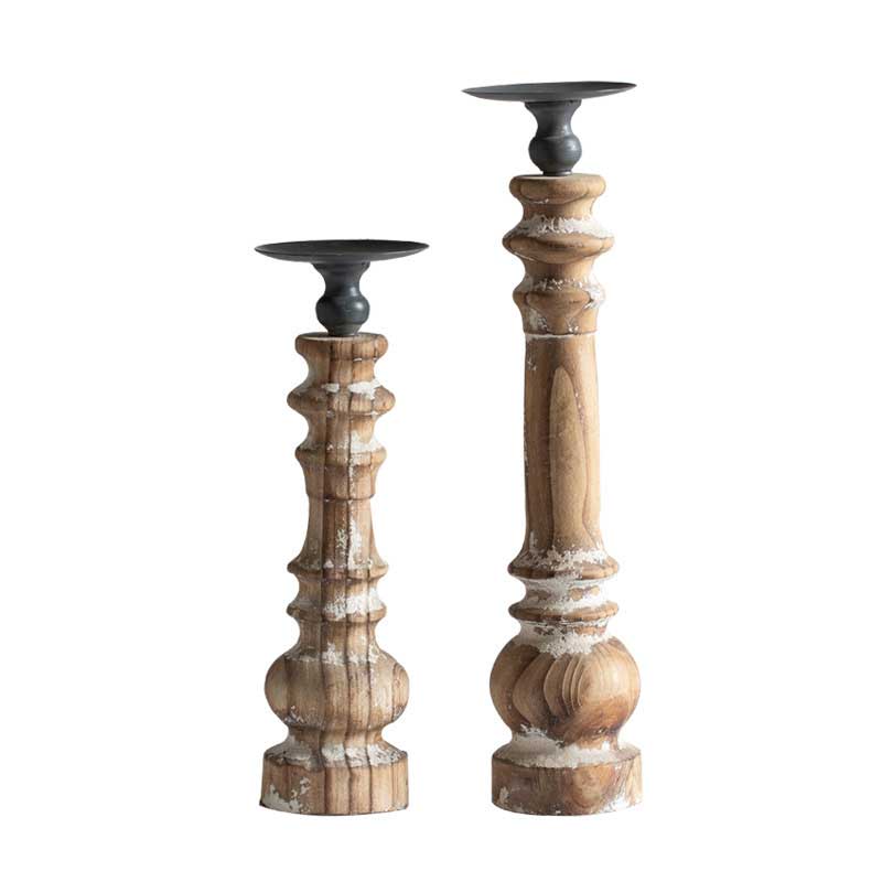 Rustic Wood Candlestick Set, Spindle Pillar Candle Holder