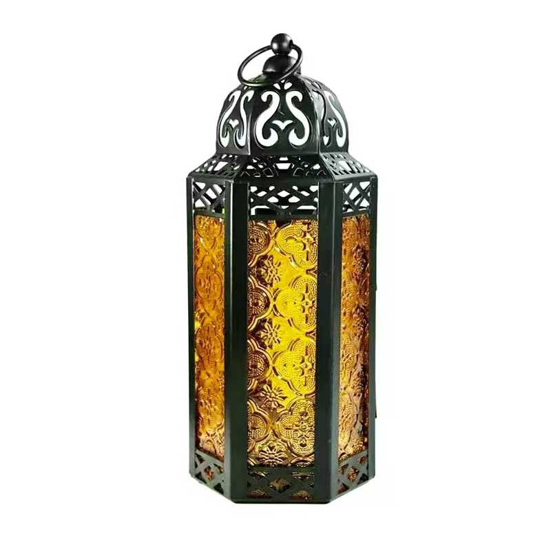 Moroccan Wrought Iron Lantern,Stained Glass Vintage Candle Holder Orange