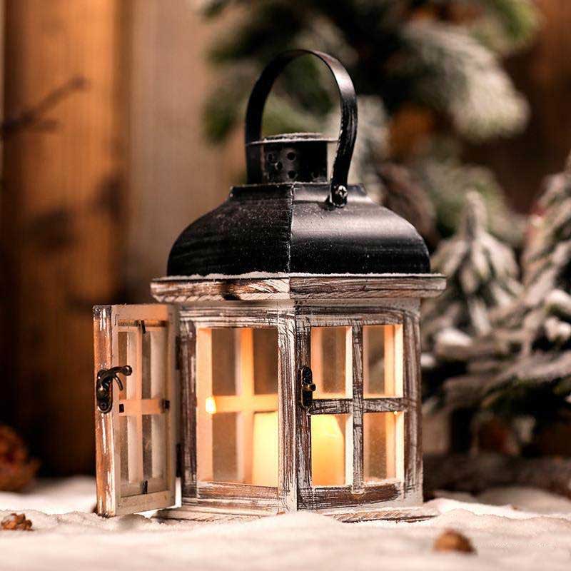 Windproof Rustic Wooden Lantern Candle Holder Color:Natural 2
