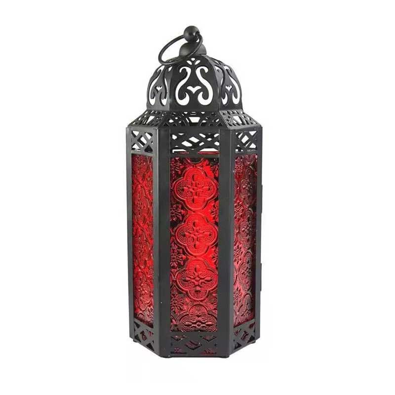 Moroccan Wrought Iron Lantern,Stained Glass Vintage Candle Holder Red
