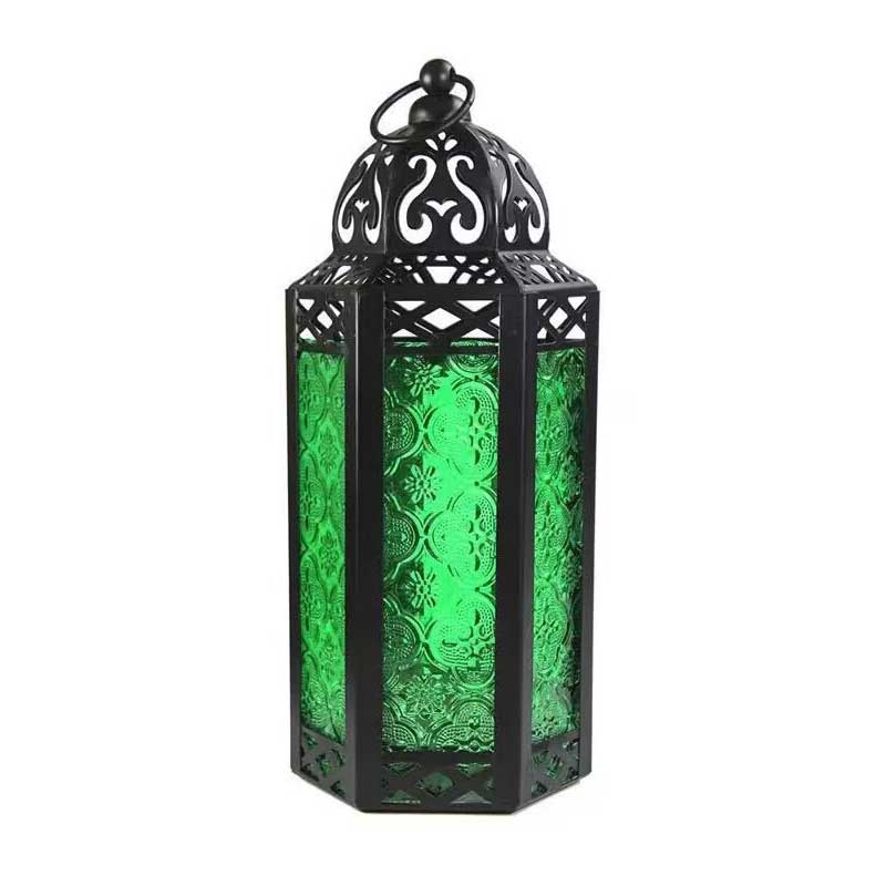 Moroccan Wrought Iron Lantern,Stained Glass Vintage Candle Holder Green