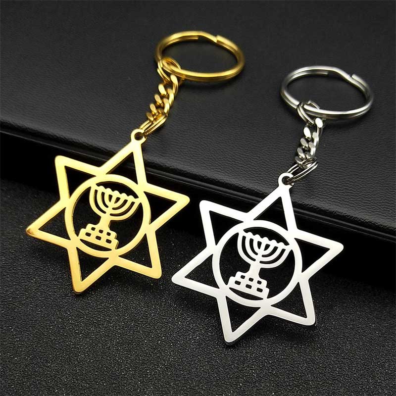 Mini Stainless Steel Hollow Star of David Menorah Keychain Color:Golden 2