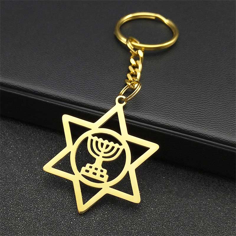 Mini Stainless Steel Hollow Star of David Menorah Keychain Color:Golden 1