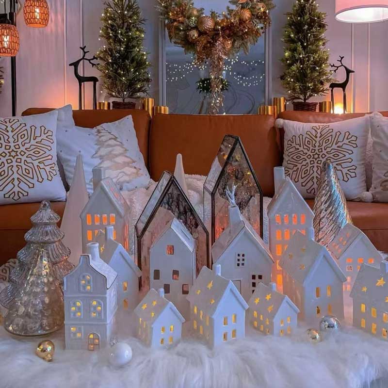 Christmas Village Ceramic Candle Holder House Color:White 1