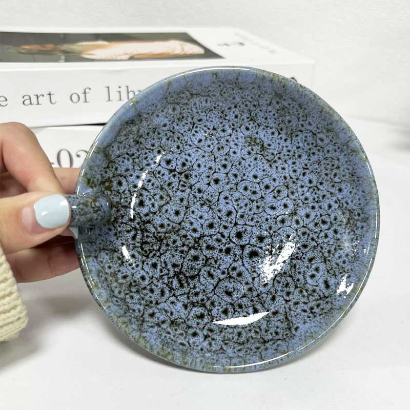 Nordic Ceramic Candle Holder,Minimalist Single-Handle Candlestick Plate Haze Blue Marble