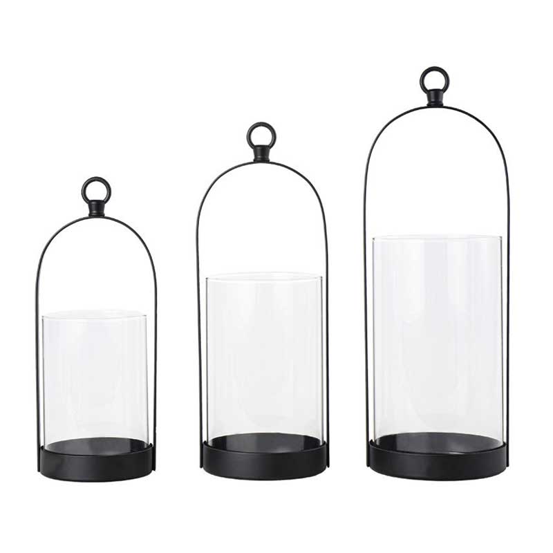 Simple Iron & Glass Hurricane Lantern Candlestick Holder Set of 3