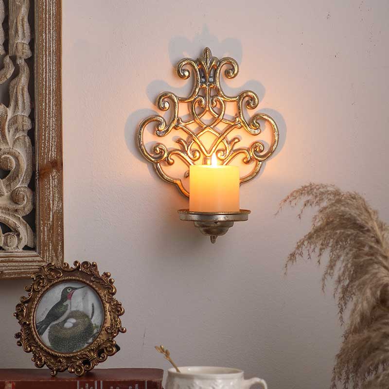 Retro Scrollwork Iron Wall Sconce Candle Holder Color:Golden 3
