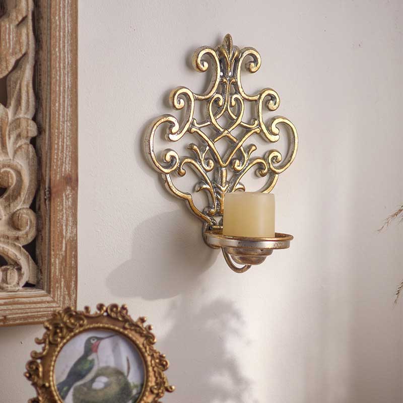 Retro Scrollwork Iron Wall Sconce Candle Holder Color:Golden 2