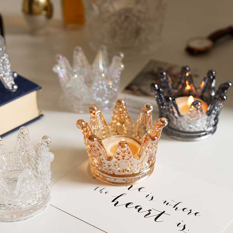 Decorative Embossed Glass Crown Tealight Holder Color:Clear 2