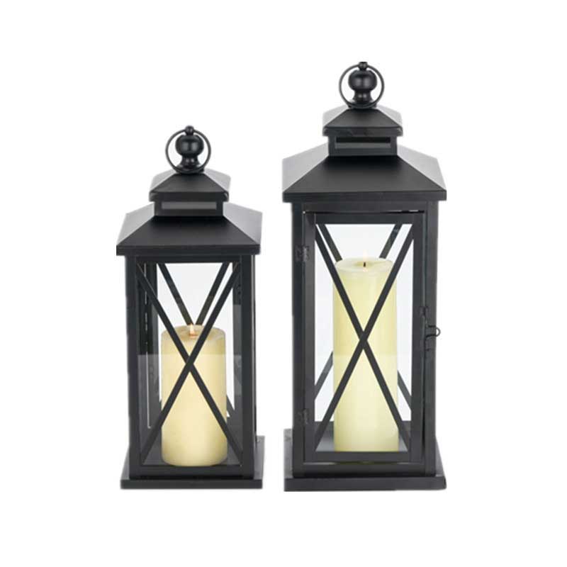 Vintage Iron Clear Floor Candlestick - Black Decorative Lantern
