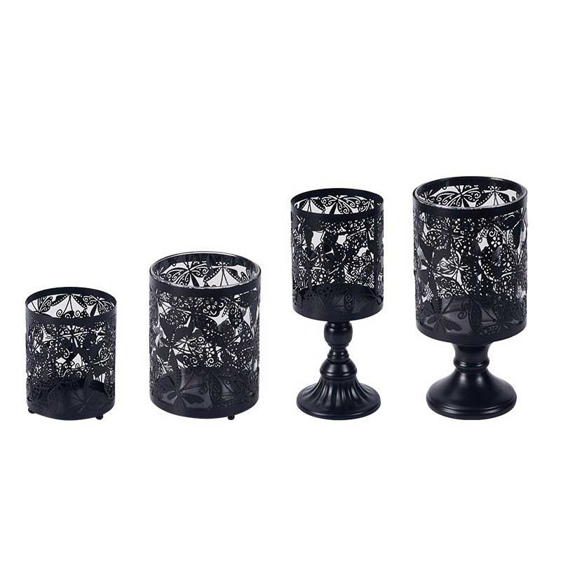 Black Metal & Glass Candle Holder Set of 4, Butterfly Hollow-out
