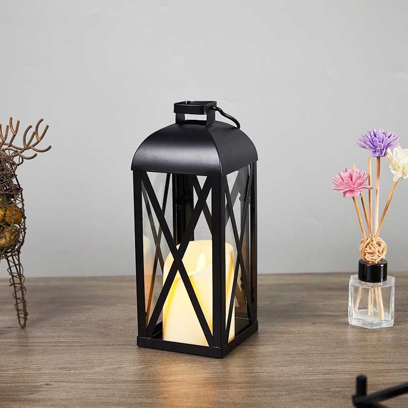 Retro Modern square Iron Candle Holder Lantern,Cross Grid Glass Windproof Decor Color:Black 2