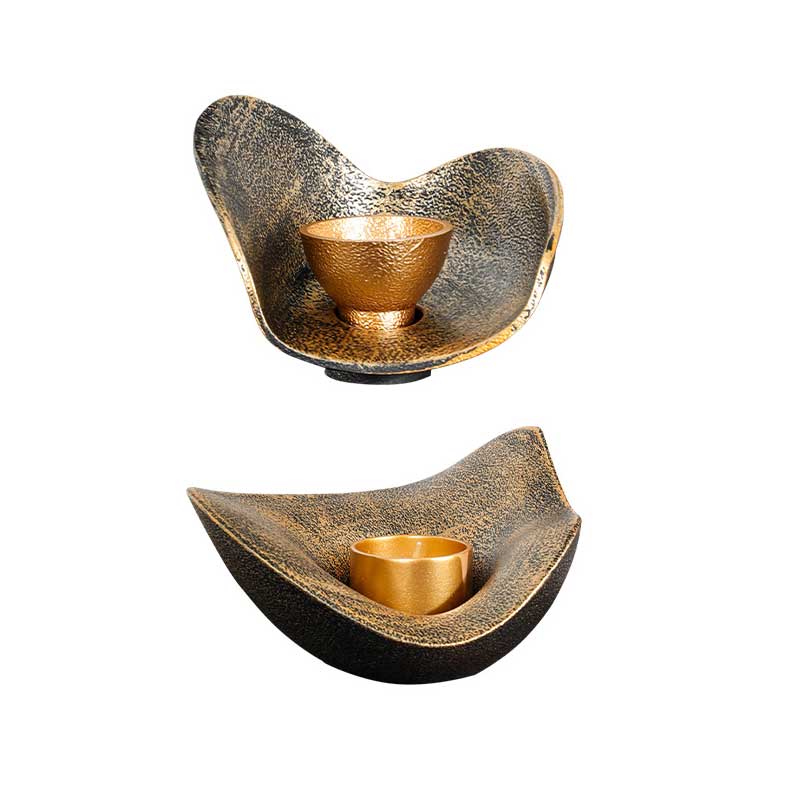 Vintage Distressed Resin Candlestick, Gold Ingot Shape, Gold & Black