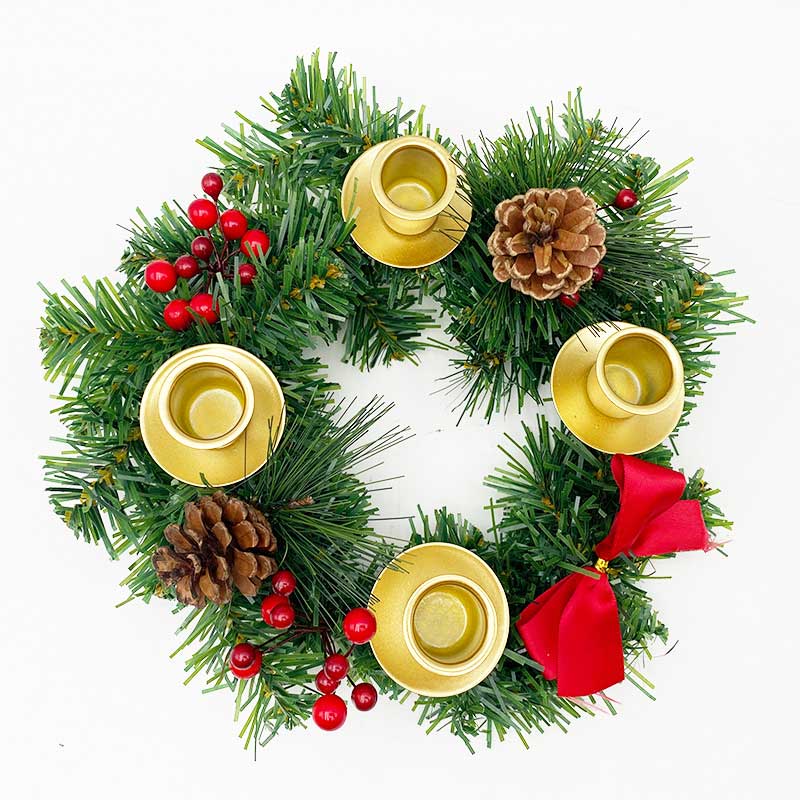 Christmas Pinecone Red Berry Iron Candlestick | Festive Wreath Candle Holder Color:Golden 1