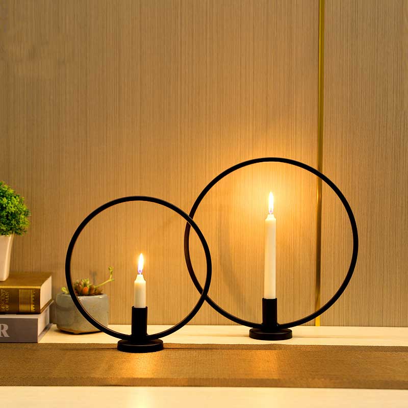 Black Minimalist Geometric Circle Iron Candle Holder Color:Black 3